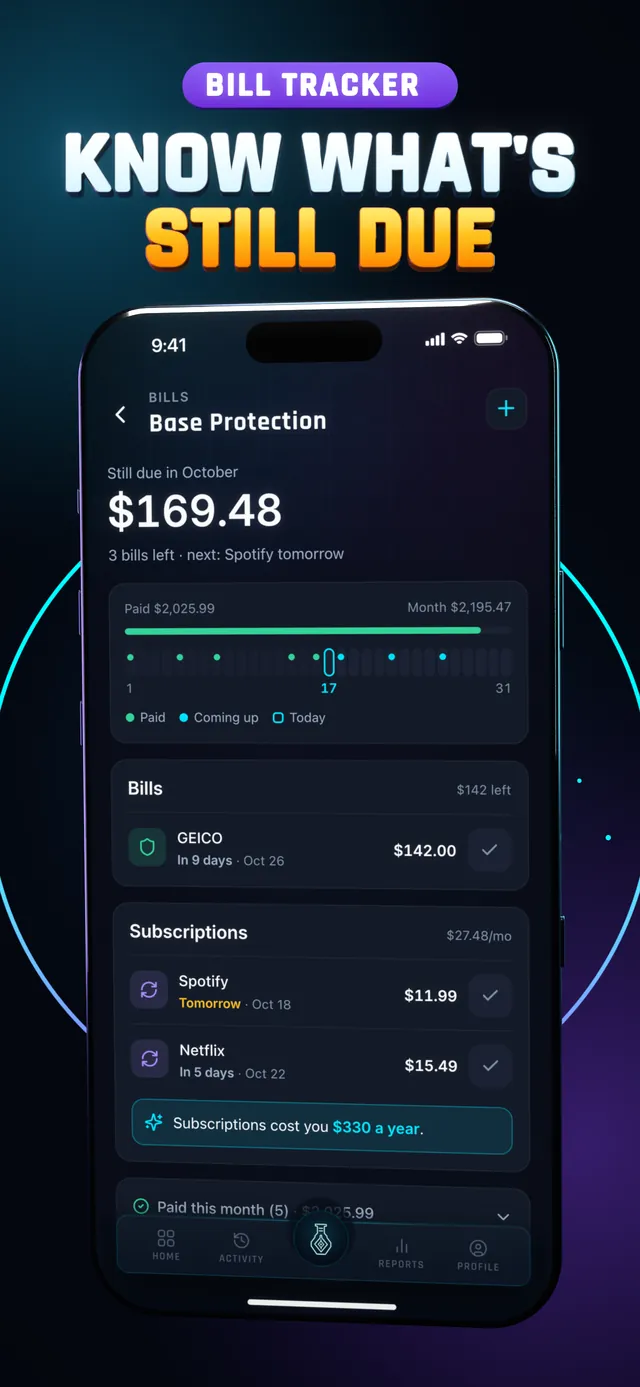 Hunter Vault Bills screen showing what's still due this month, under the headline Know what's still due