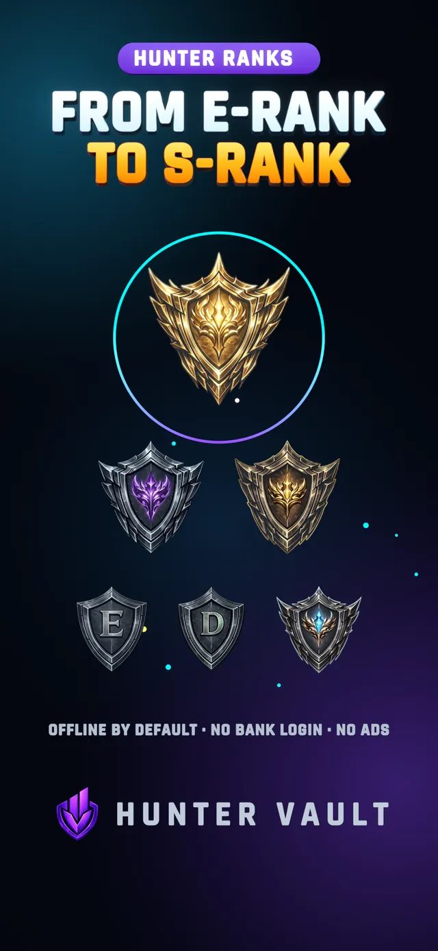Hunter Vault rank shields from E to S, under the headline From E-Rank to S-Rank, with Offline by default, No bank login, No ads