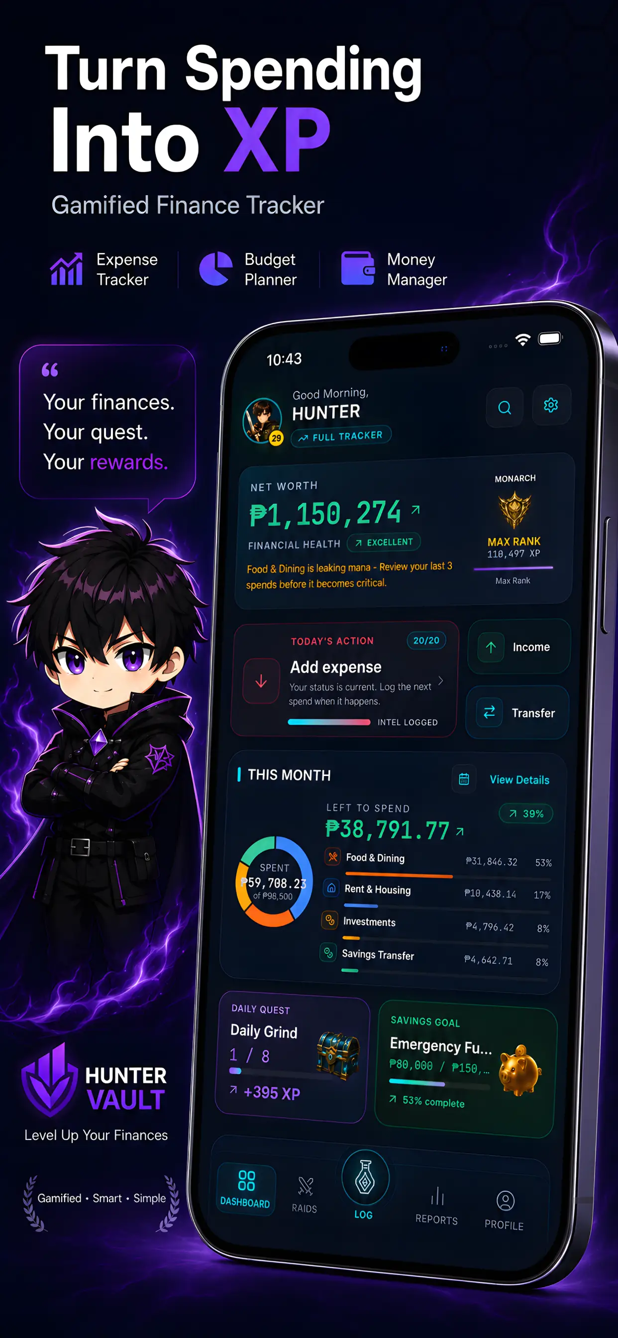 Hunter Vault private, offline budgeting app screen