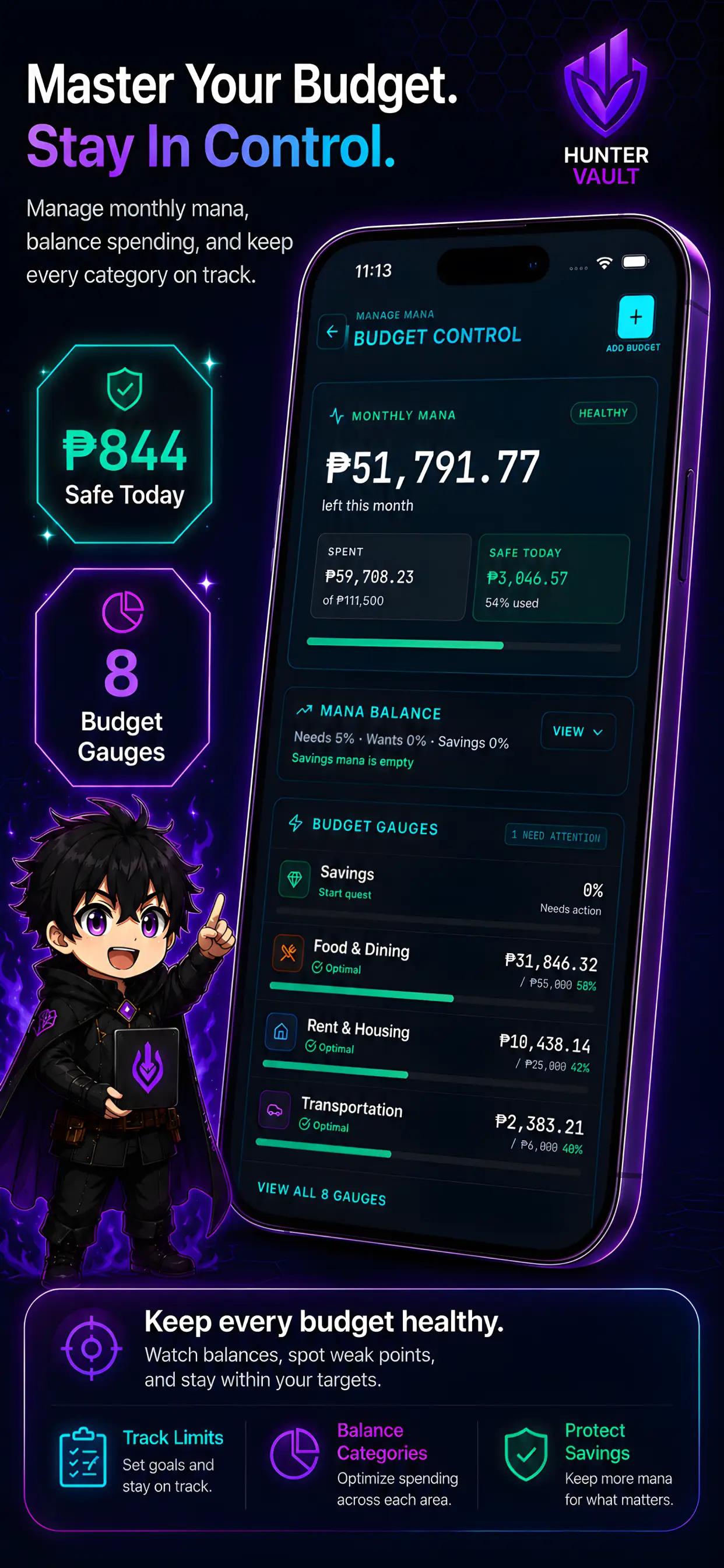 Hunter Vault gamified finance profile showing rank, level, XP bar, streak, and active money quests