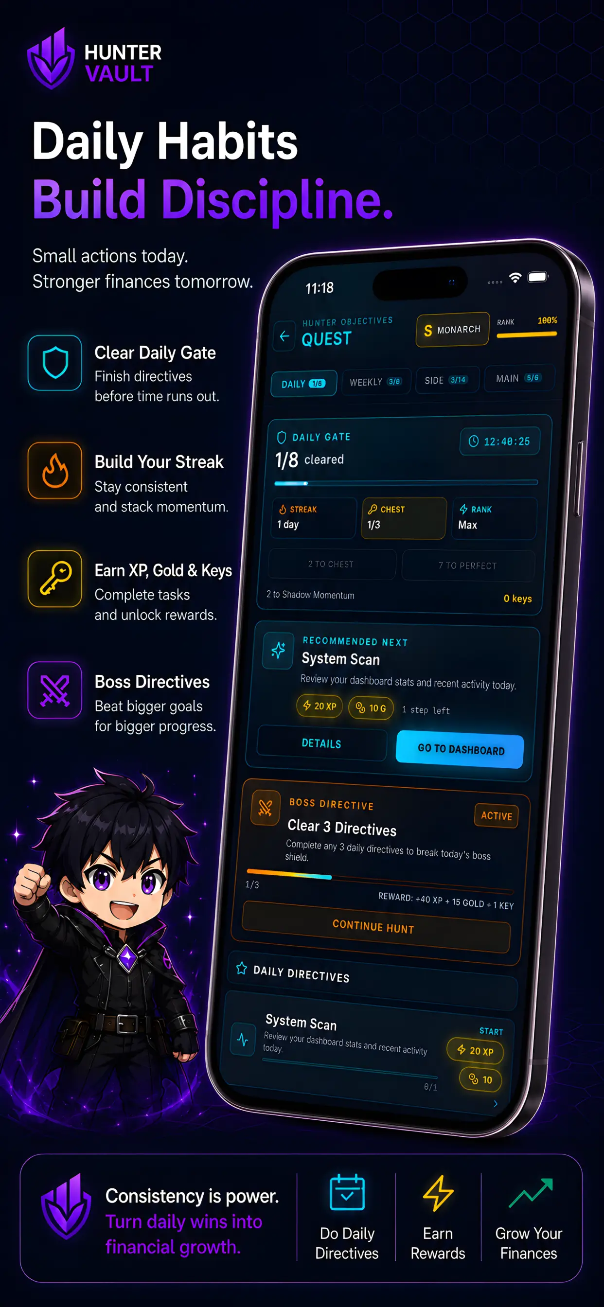 Hunter Vault quest board showing daily and weekly money quests with XP rewards