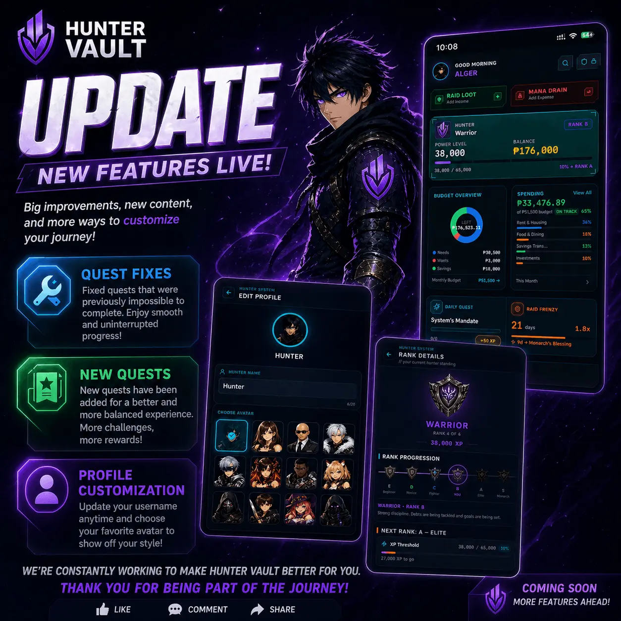 Hunter Vault v1.8 update — quest fixes, new quests, profile customization, and dashboard improvements